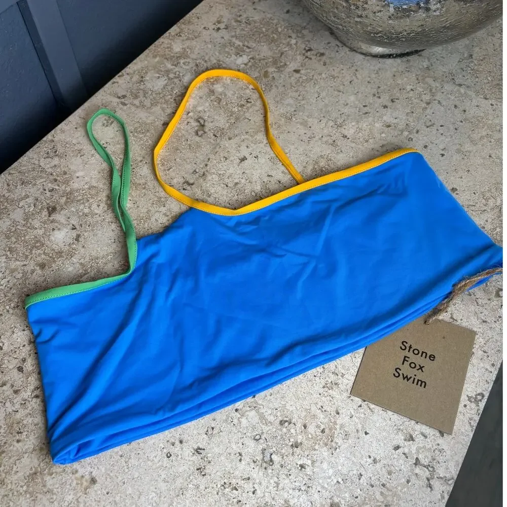 Stone Fox Swim Ibiza Blue Green Yellow One Shoulder Bikini XL Bathing Top NWT